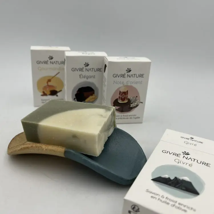 Porte-savon original en grès et savons artisanaux Givré Nature